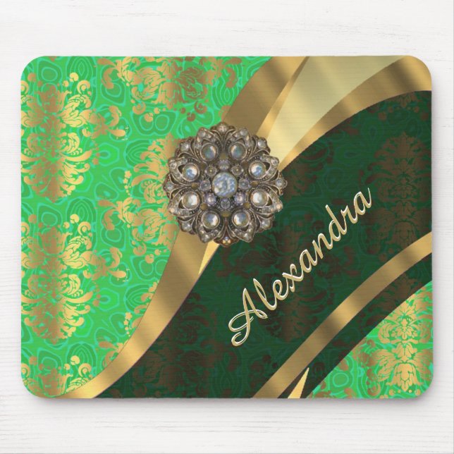 Pretty personalised girly green damask pattern mouse mat (Front)