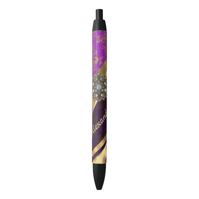 Pretty personalised girly purple damask patten black ink pen (Front Vertical)