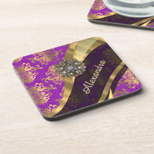 Pretty personalised girly purple damask patten coaster