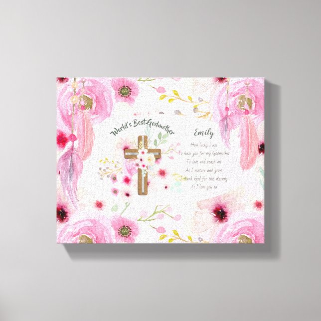 Pretty Personalised GODMOTHER Poem Pink Floral  Canvas Print (Front)