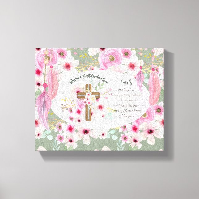Pretty Personalised GODMOTHER Poem Pink Floral  Canvas Print (Front)