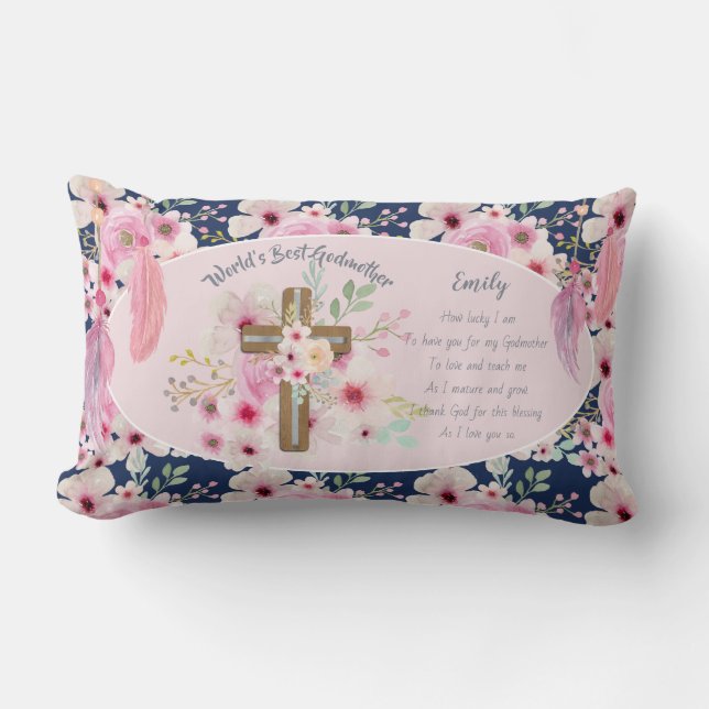 Pretty Personalised GODMOTHER Poem Pink Floral  Lumbar Cushion (Front)