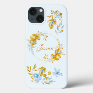Pretty Personalised Gold Blue Winter Floral iPhone 13 Case