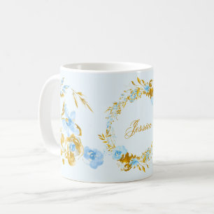 Pretty Personalised Gold Blue Winter Floral Coffee Mug