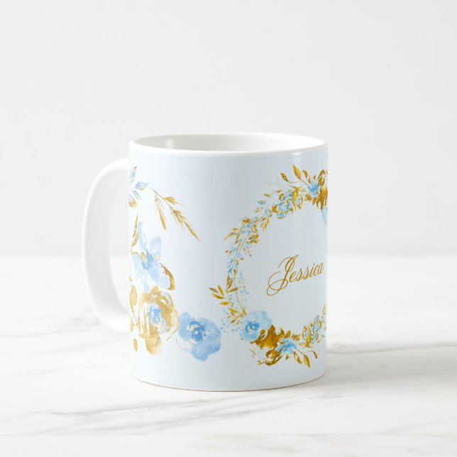 Pretty Personalised Gold Blue Winter Floral Coffee Mug (Front Left)