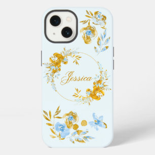 Pretty Personalised Gold Blue Winter Floral iPhone 13 Case