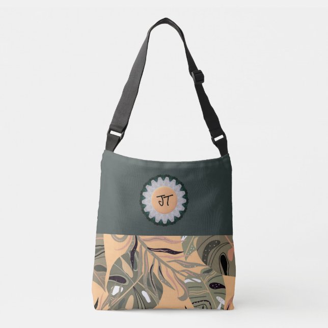 Pretty Personalised Green/Peach Tote Bag w/Leaves (Front)