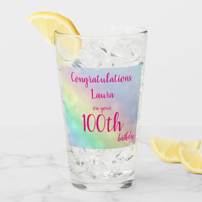 Pretty personalised Happy 100th Birthday Glass (Front Ice)