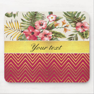 Pretty Personalised Hibiscus and Chevrons Mouse Mat