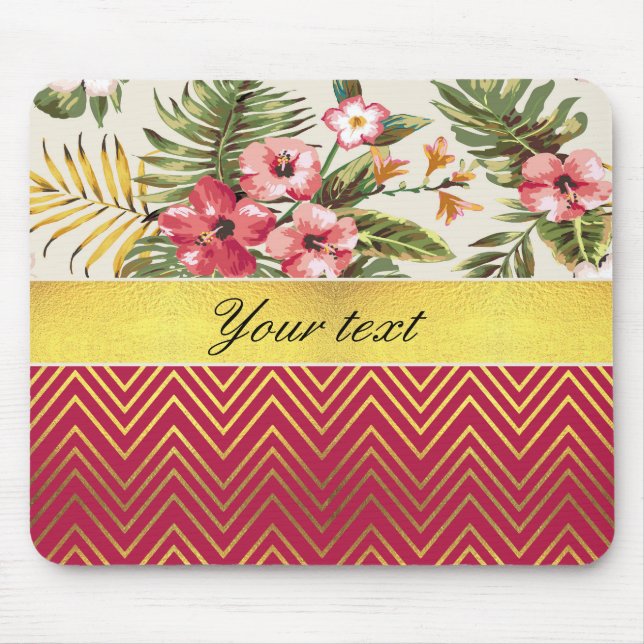 Pretty Personalised Hibiscus and Chevrons Mouse Mat (Front)