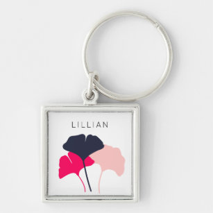 Pretty Personalised Navy Blue & Pink Ginkgo Leaves Key Ring