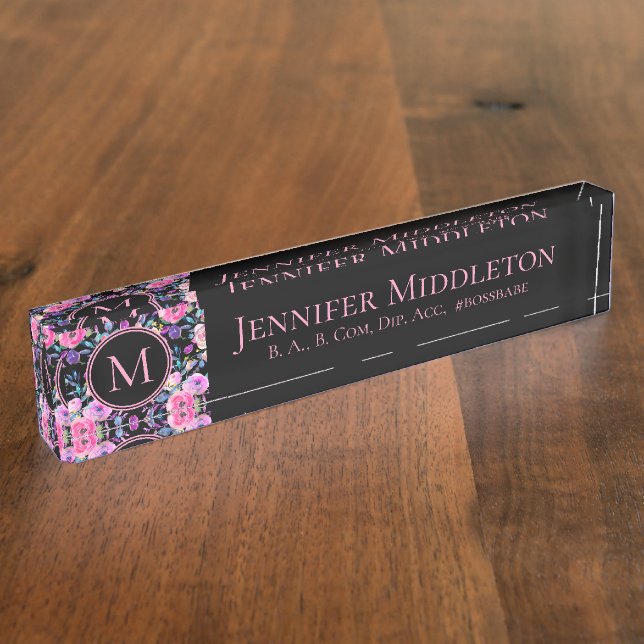 Pretty Personalised Pink Black Floral Monogram Nameplate (Side)