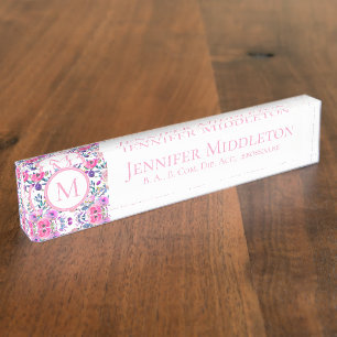 Pretty Personalised Pink Floral Monogram Nameplate