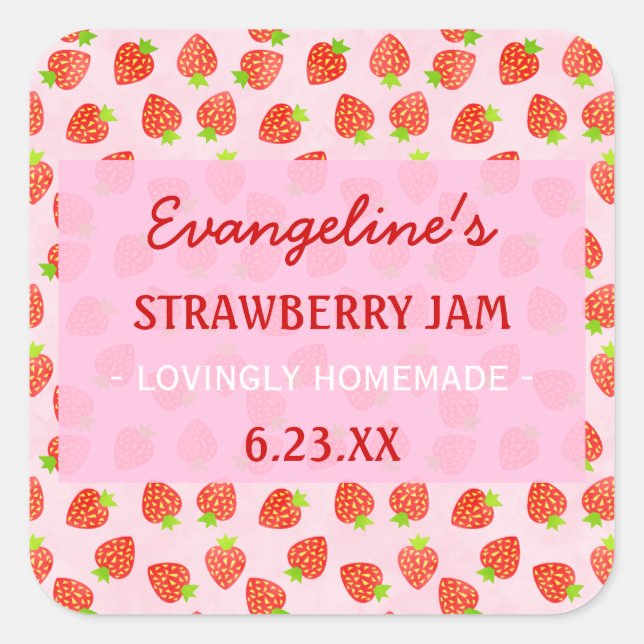 Pretty Personalised Strawberry Jam Jar Square Sticker (Front)