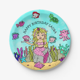 Pretty Pesonalized Blonde Mermaid Birthday Party Paper Plate