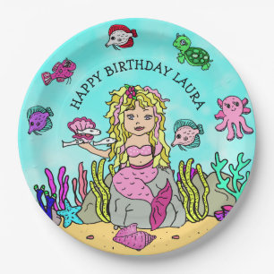 Pretty Pesonalized Blonde Mermaid Birthday Party Paper Plate
