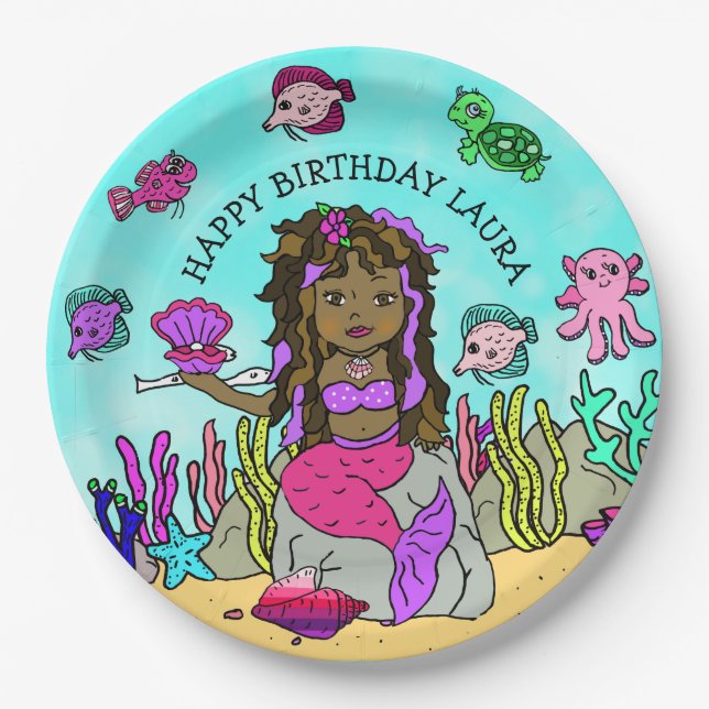 Pretty Pesonalized Pink Purple  Mermaid Birthday Paper Plate (Front)