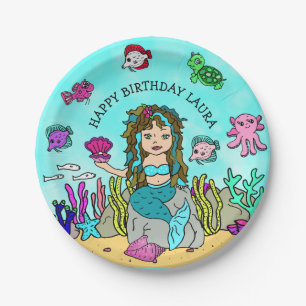 Pretty Pesonalized Turquoise Mermaid Birthday Paper Plate