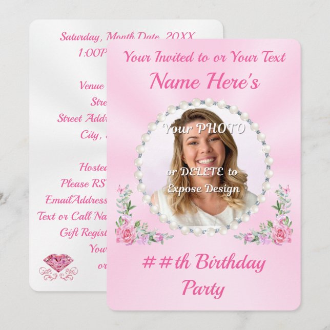 Pretty, PHOTO Birthday Invitation Card, for Her (Front/Back)