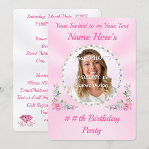 Pretty, PHOTO Birthday Invitation Card, for Her