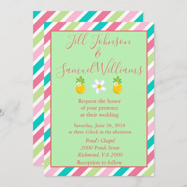 Pretty Pineapples and Stripes Wedding Invitation (Front/Back)