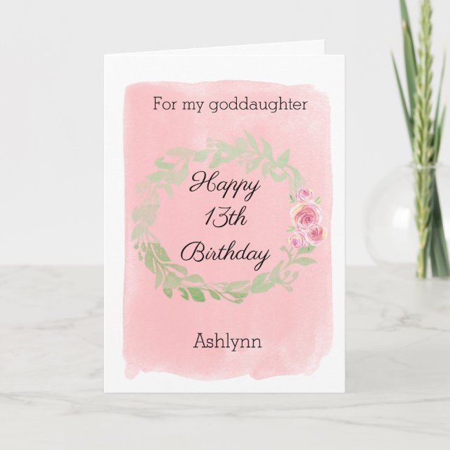 Pretty Pink 13th birthday Goddaughter Card (Front)