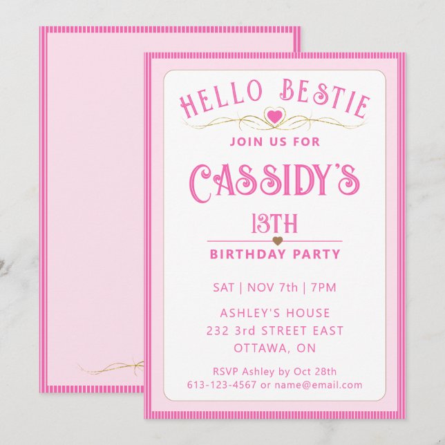 Pretty Pink 13th Birthday  Invitation (Front/Back)