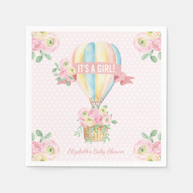 Pretty Pink Adventure Hot Air Balloon Baby Shower Napkin (Front)