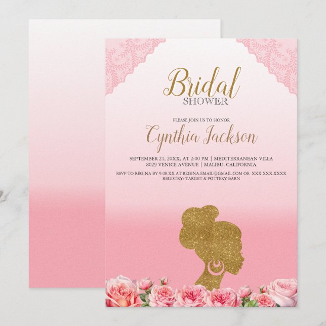Pretty Pink African American Bride Bridal Shower Invitation (Front/Back)