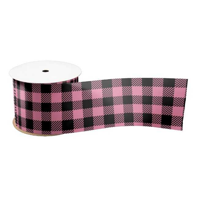 Pretty Pink And Black Buffalo Plaid  Satin Ribbon (Spool)
