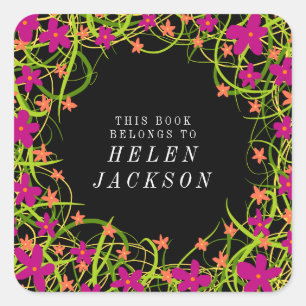 Pretty pink and black floral book name sticker