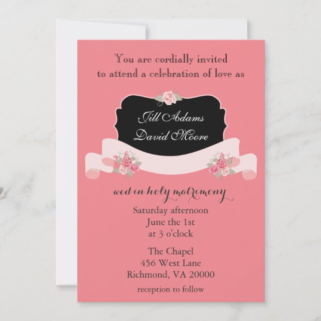 Pretty Pink and Black Floral Wedding Invitation (Front)