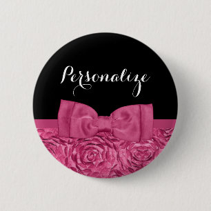 Pretty Pink and Black Rose Floral Chic Bow 6 Cm Round Badge