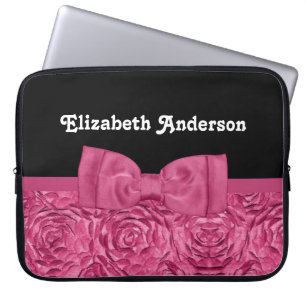 Pretty Pink and Black Rose Floral Chic Bow Laptop Sleeve