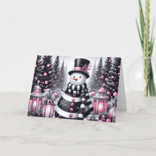 Pretty Pink and Black Snowman Christmas Holiday Card