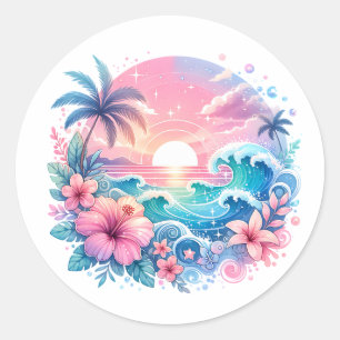 Pretty Pink and Blue Coastal Art Classic Round Sticker