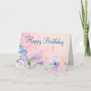 Pretty Pink and Blue Floral Background Birthday Card