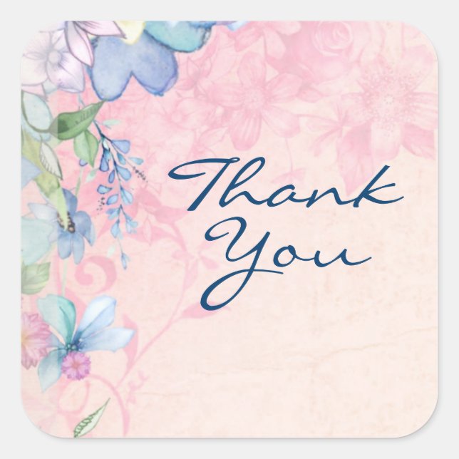 Pretty Pink and Blue Floral Background Thank You Square Sticker (Front)