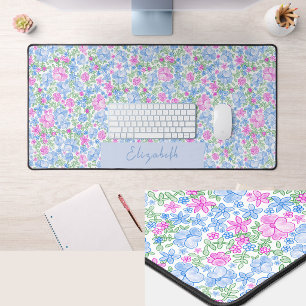 Pretty Pink and Blue Floral Custom Name Desk Mat