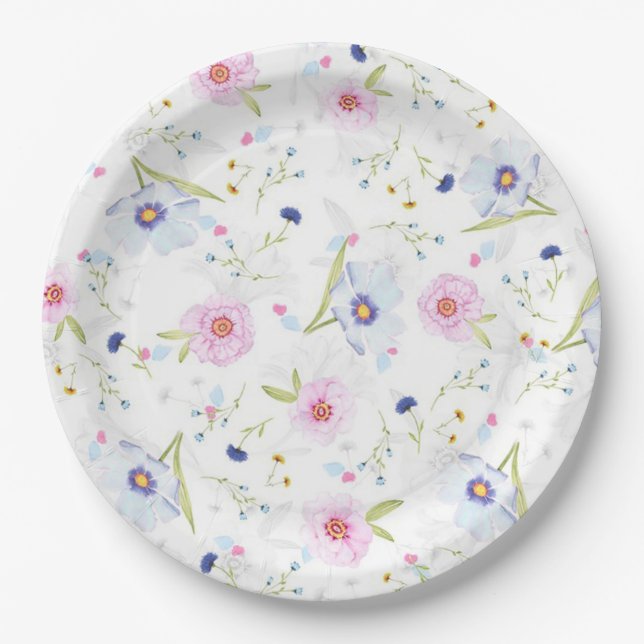 Pretty pink and blue Floral Pattern Paper Plates (Front)