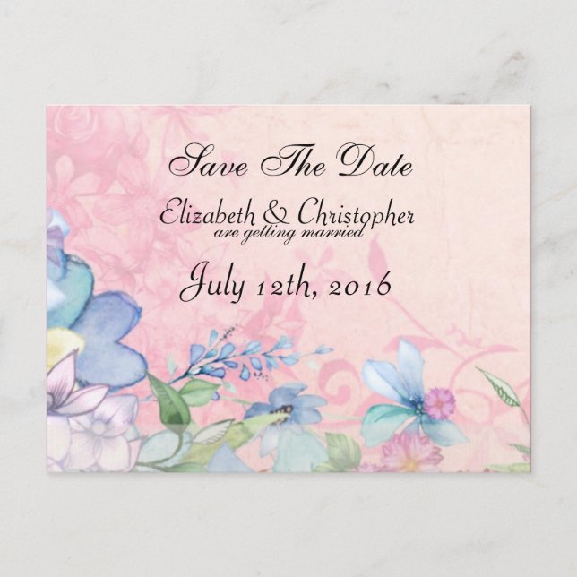 Pretty Pink and Blue Floral  Wedding Save The Date Announcement Postcard (Front)