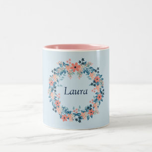 Pretty Pink and Blue Floral Wreath Two-Tone Coffee Mug