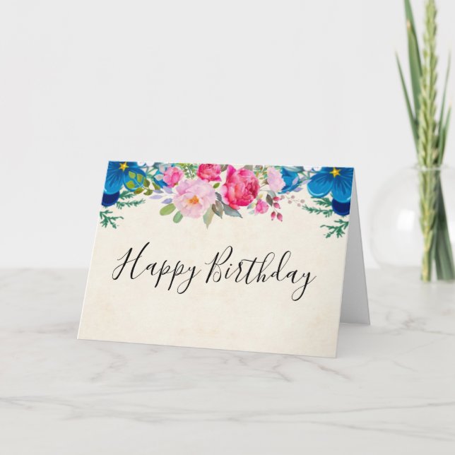 Pretty Pink and Blue Flower Border Birthday Card (Front)