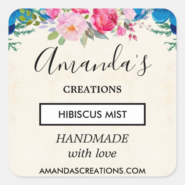 Pretty Pink and Blue Flower Border Business Square Sticker (Front)