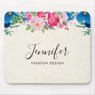 Pretty Pink and Blue Flower Border Mouse Mat