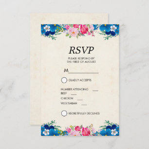 Pretty Pink and Blue Flower Border RSVP Invitation