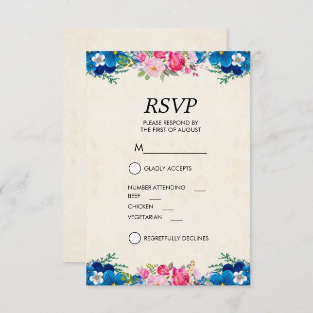 Pretty Pink and Blue Flower Border RSVP Invitation (Front/Back)