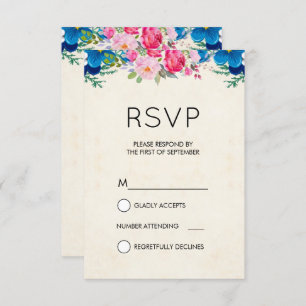 Pretty Pink and Blue Flower Border Simple RSVP Invitation