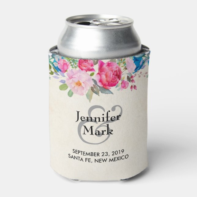 Pretty Pink and Blue Flower Border Wedding Can Cooler (Can Front)