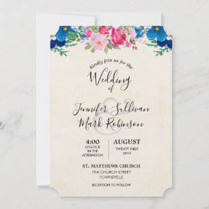 Pretty Pink and Blue Flower Border Wedding Invitation